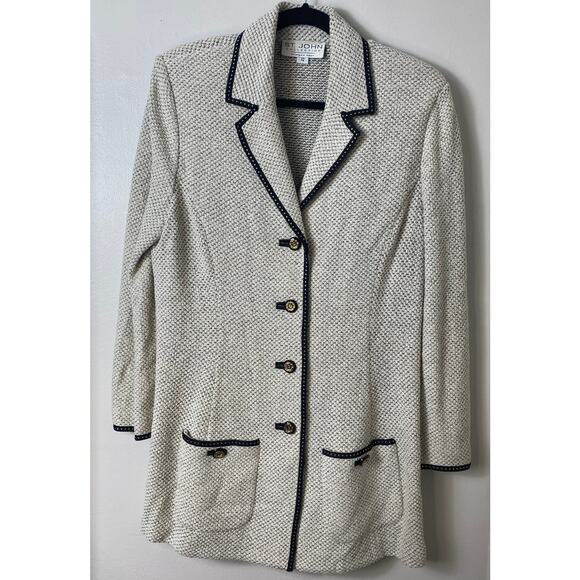 VINTAGE ST JOHN JACKET 12 CREAM BLACK GOLD VICTORIAN KNIT LONGLINE LAGENLOOK - Picture 1 of 15